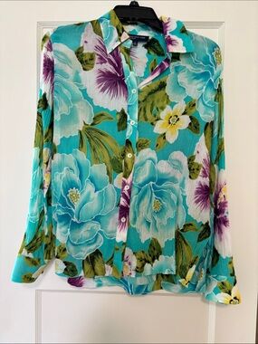 Jones New York Vintage Cotton Gauze Floral Button Down Blouse Small Turquoise